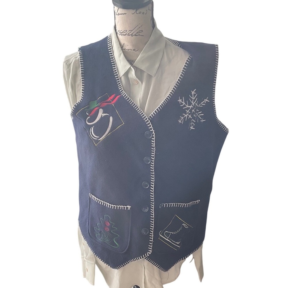 Ms Lee Women Navy Fleece Vest Embroidered Snowflake Christmas Tree Ice Skate M